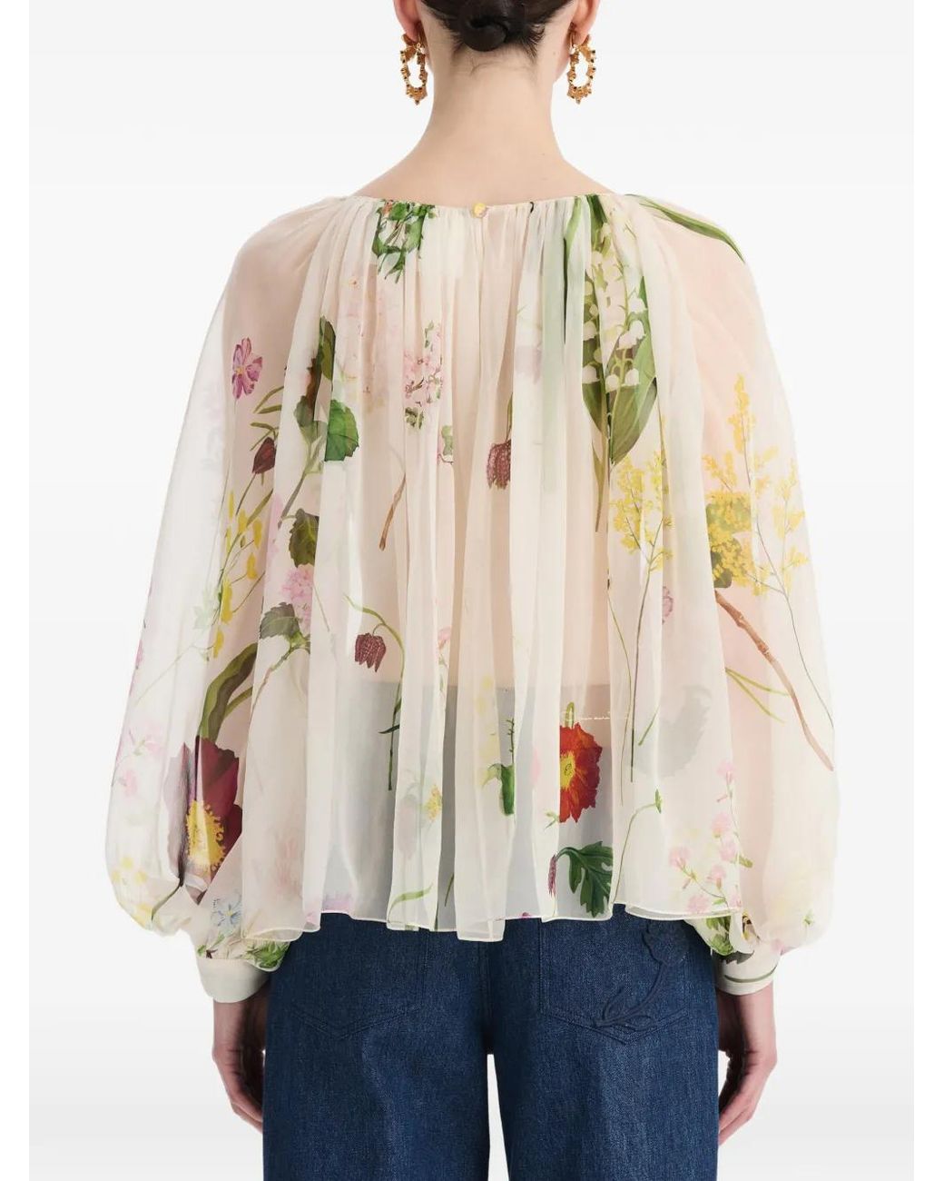 Oscar de la Renta White Botanical-Print Silk-Chiffon Blouse