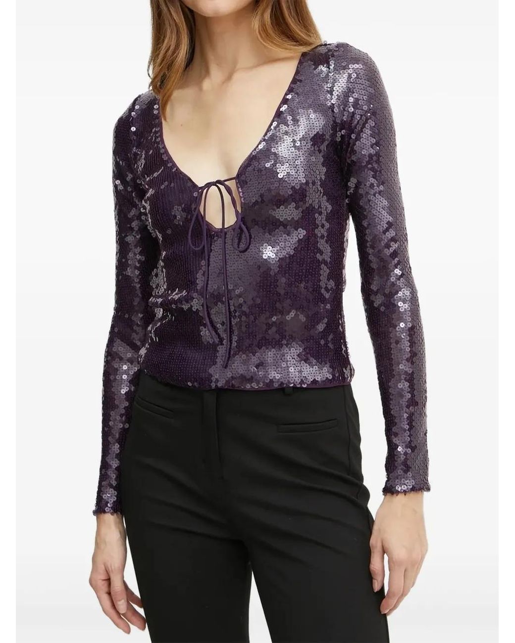 Bardot Purple Sequinned Tie-Neck Top