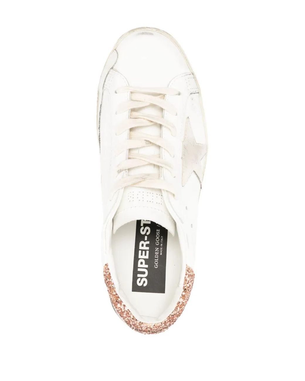 Golden Goose Deluxe Brand White Super-Star Trainers With A Suede Star And Peach- Glitter Heels Tab