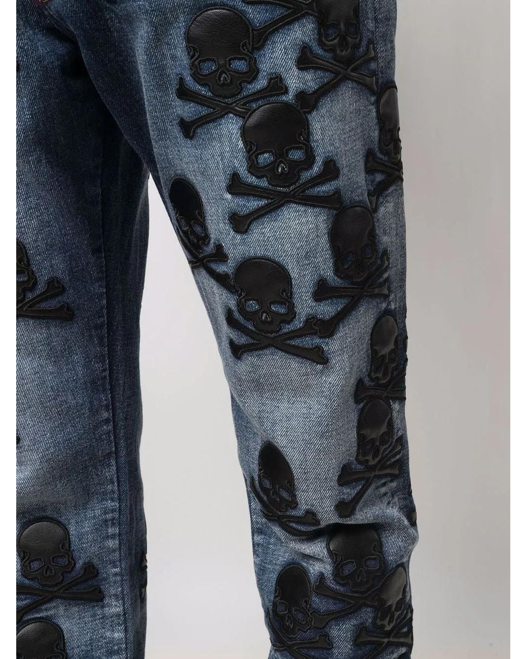 Philipp Plein Blue Skull-Patch Tapered Jeans for men