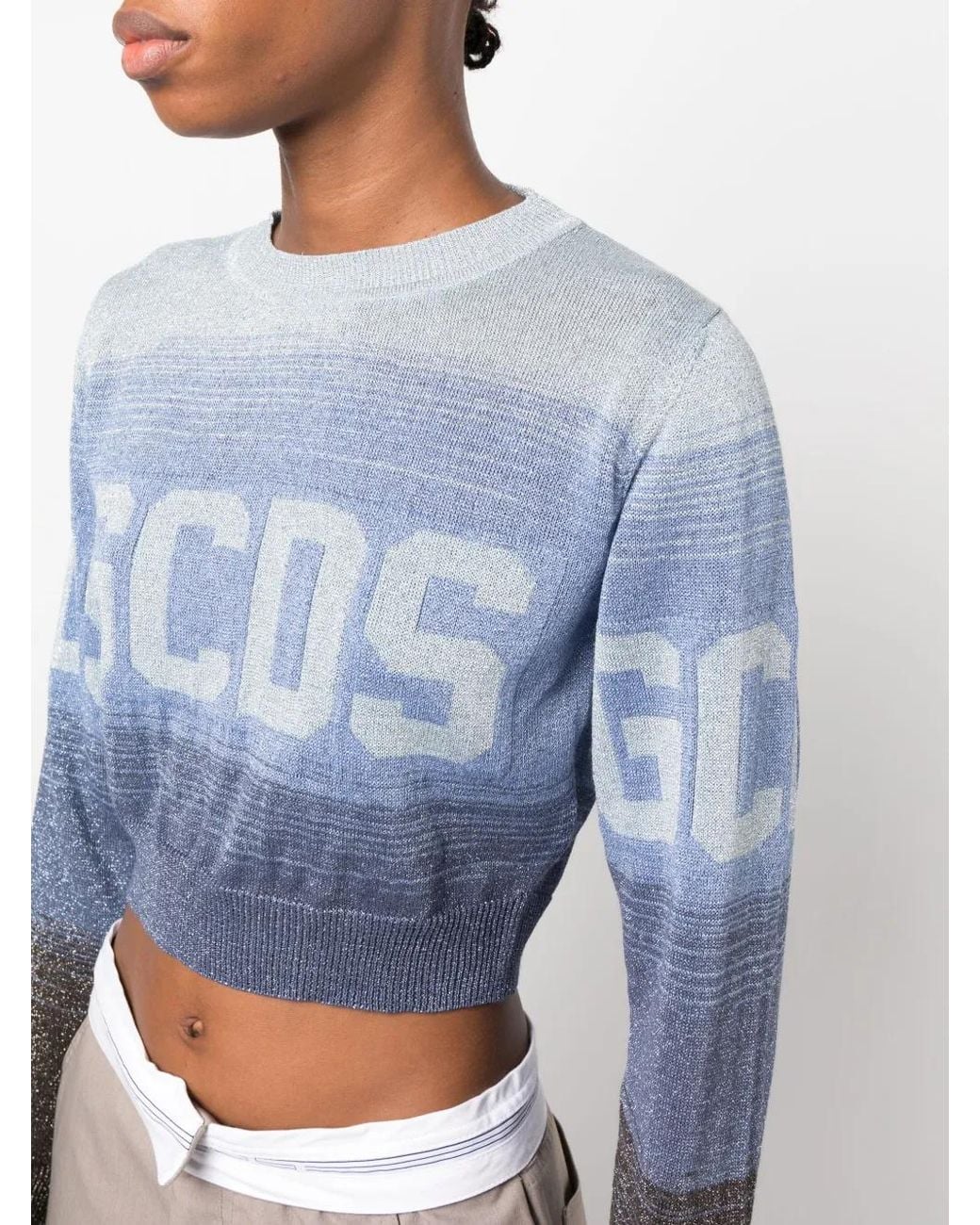 Gcds Blue Intarsia-Knit Logo Cropped Jumper