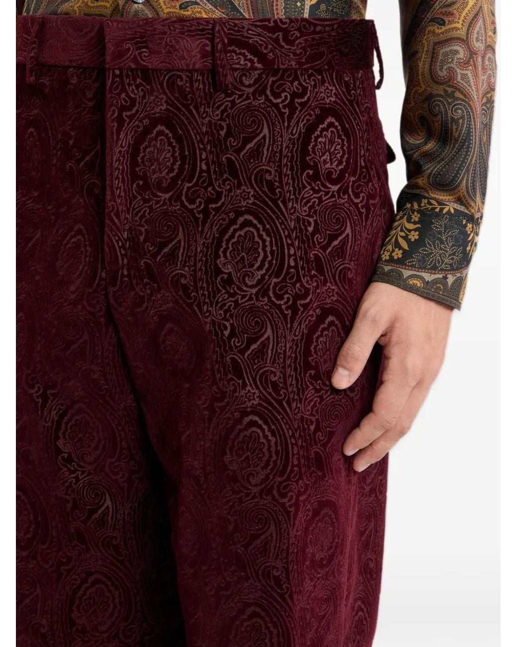 Etro Red Straight-Leg Cotton Velvet Trousers With Arnica Motif for men