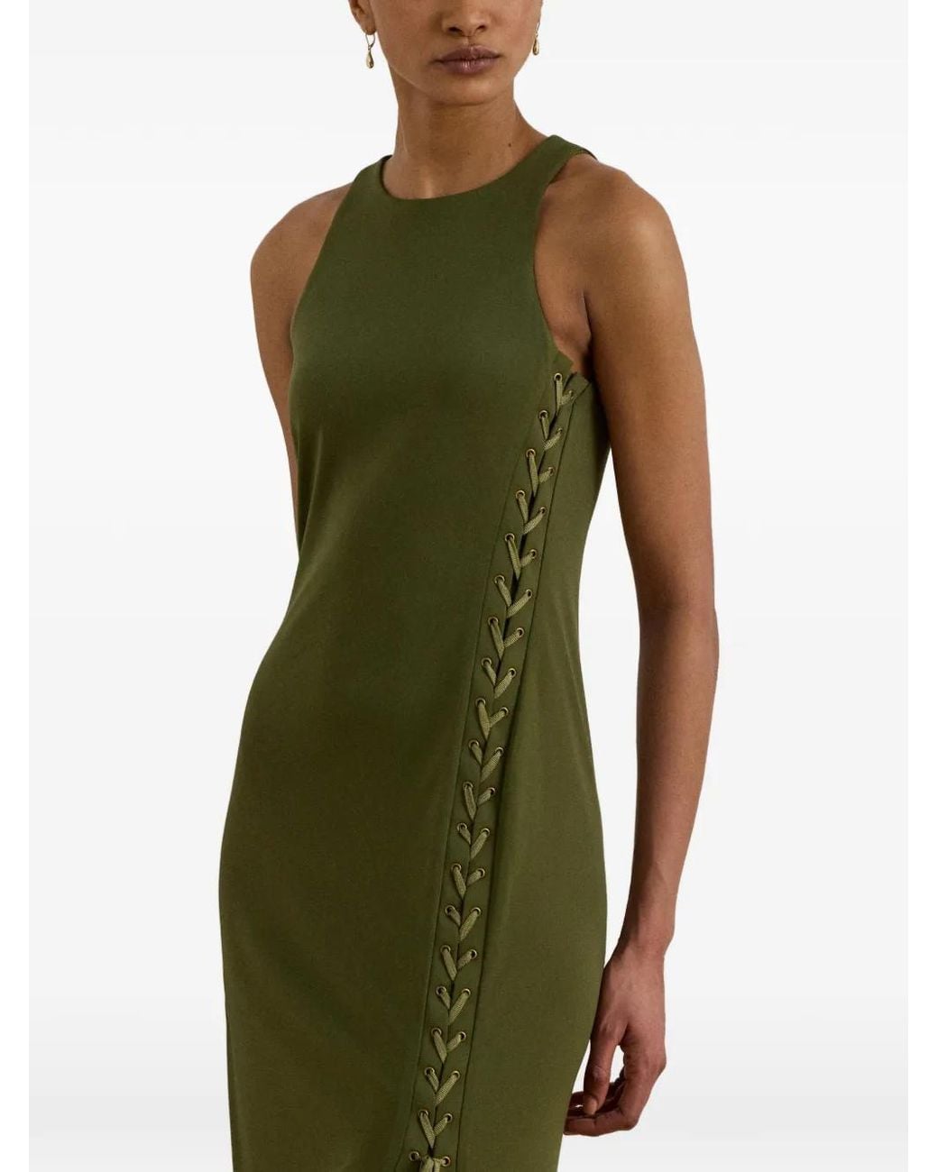 Ralph Lauren Green Lace-Up Jersey Maxi Dres