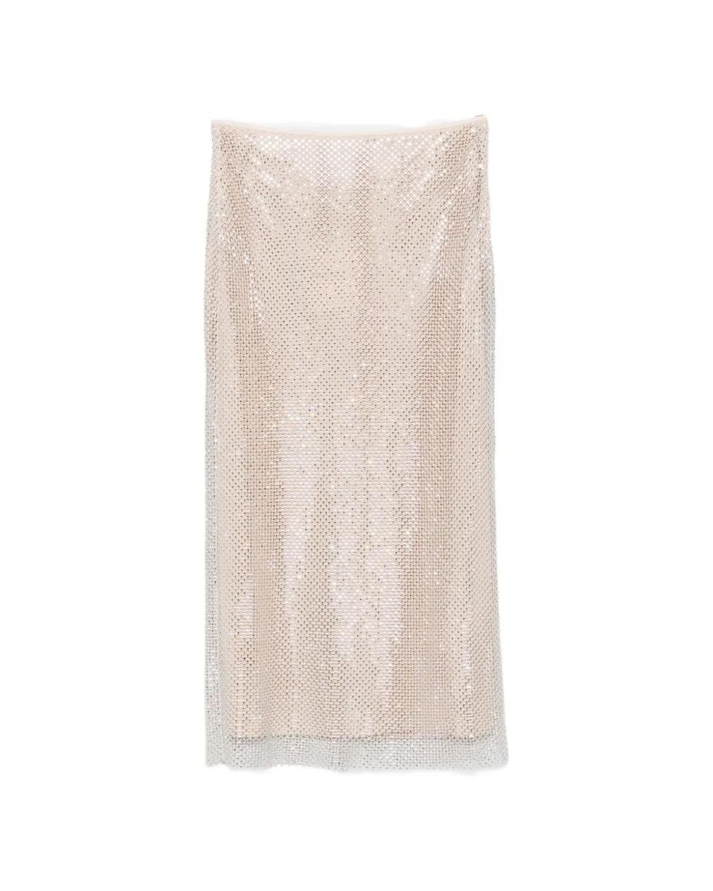 Marella White Rhinestone-Embellished Mesh-Overlay Midi Skirt