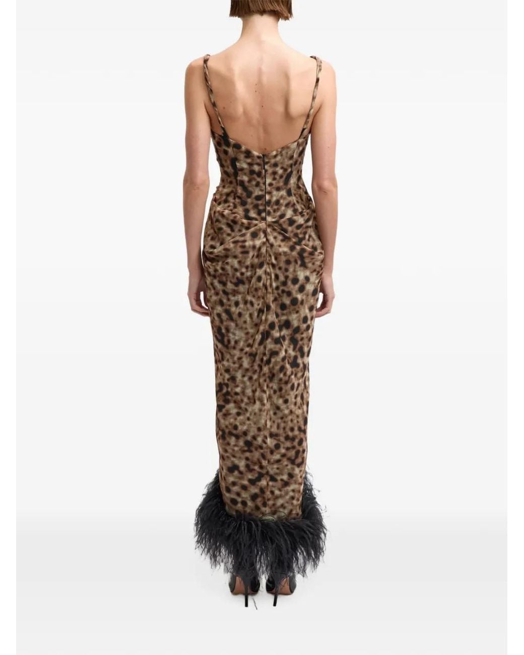 16Arlington Brown Wye Leopard-Print Feather-Trim Maxi Dress