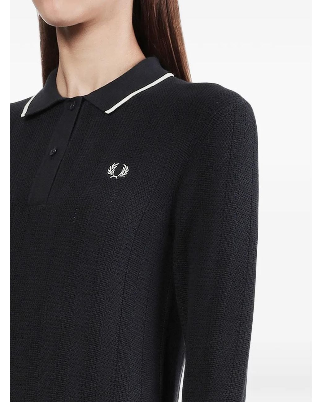 Fred Perry Black Textured-Knit Long-Sleeve Polo Top