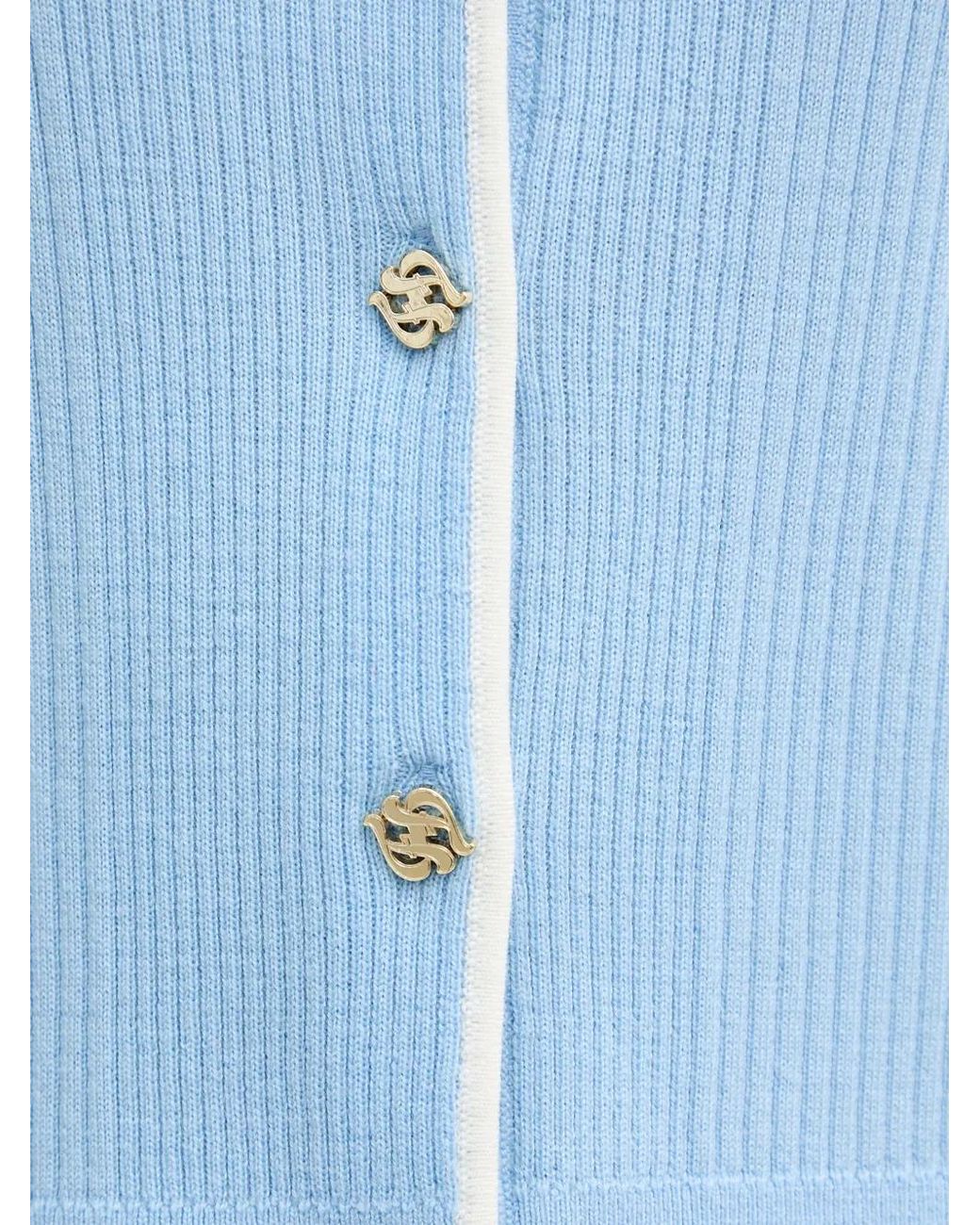 From Future Blue Ribbed-Knit Contrast-Trim Cardigan