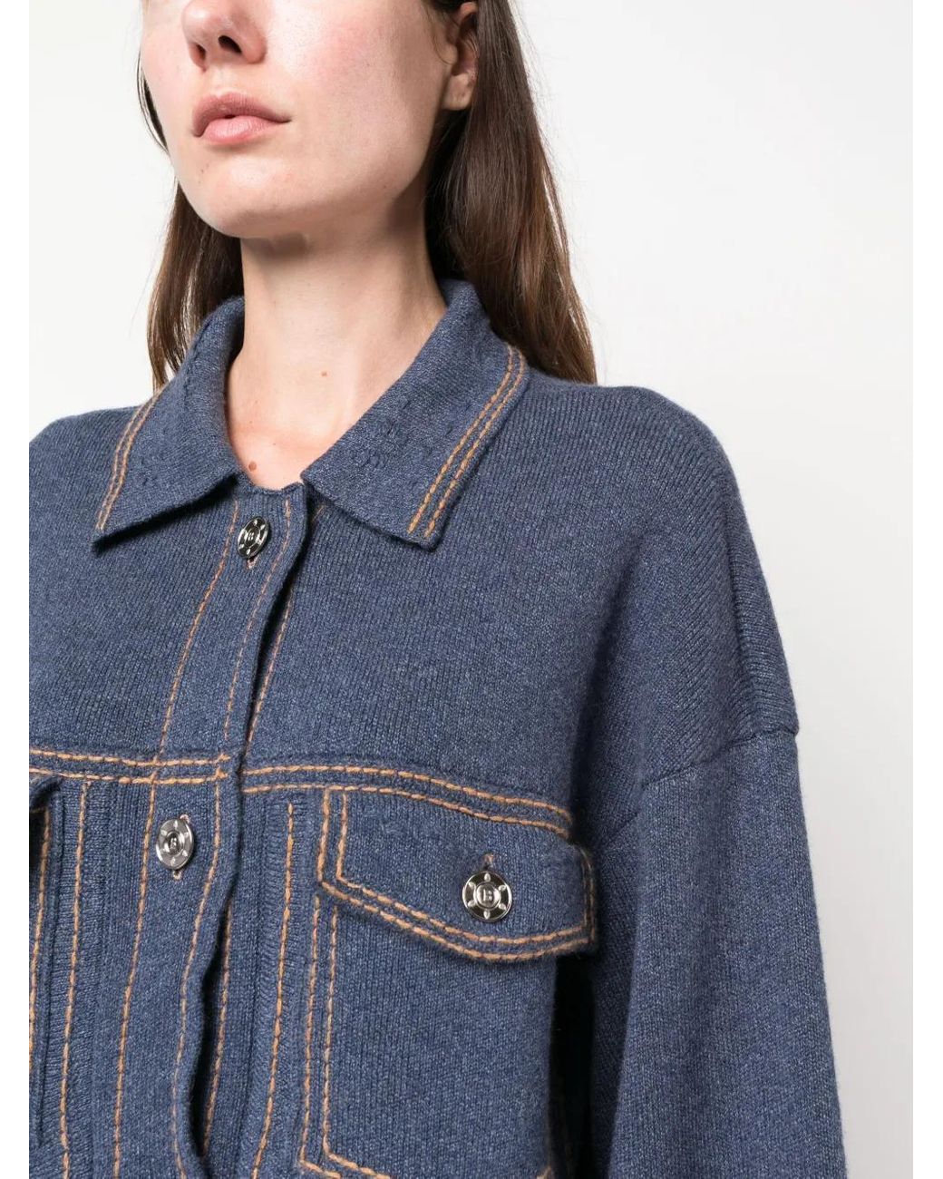 Barrie Blue Contrast-Stitching Denim-Effect Jacket