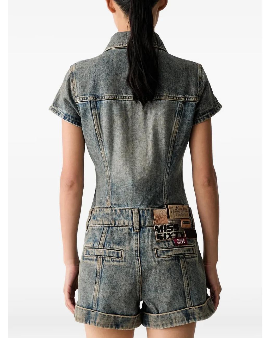 Miss Sixty Black Patchwork-Logo Denim Playsuit