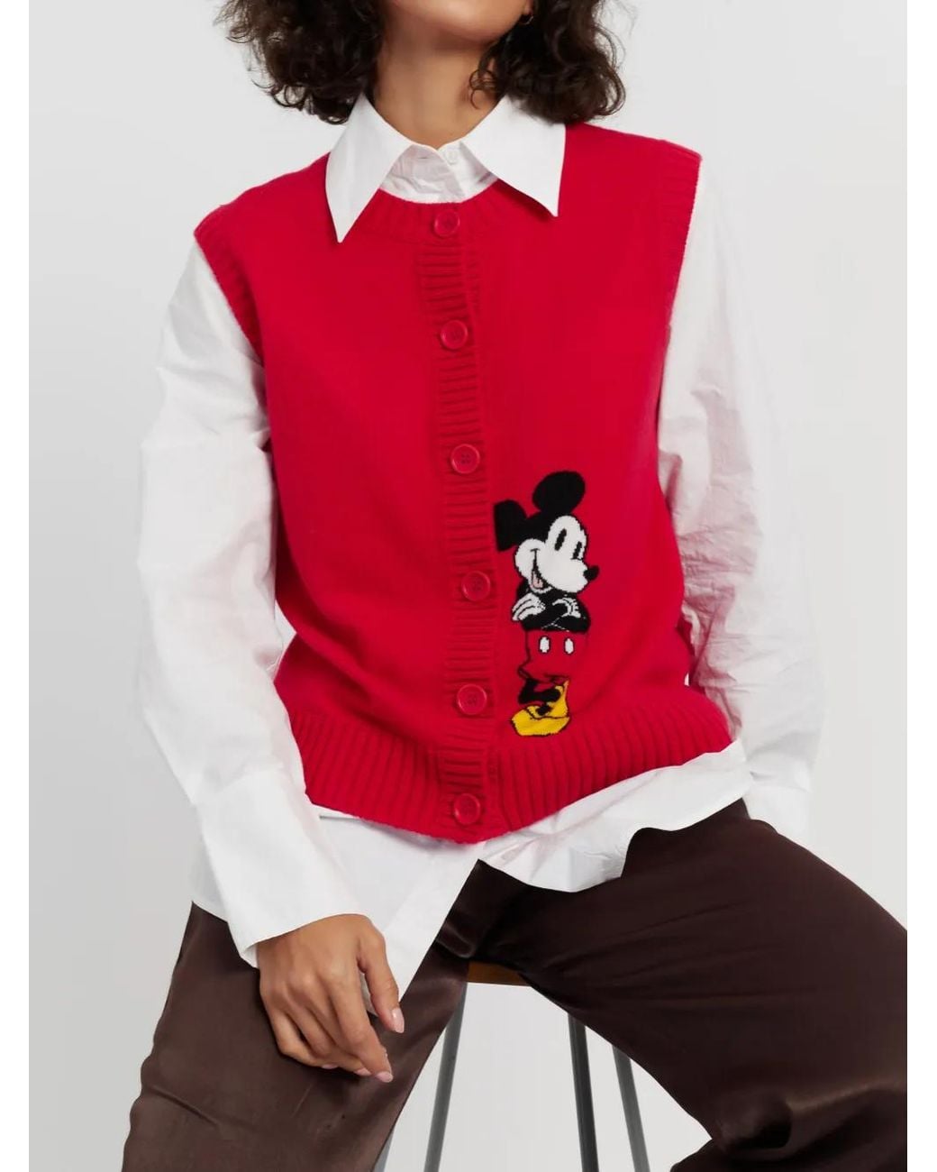 Chinti & Parker Red Mickey Mouse Intarsia-Knit Sleeveless Cardigan