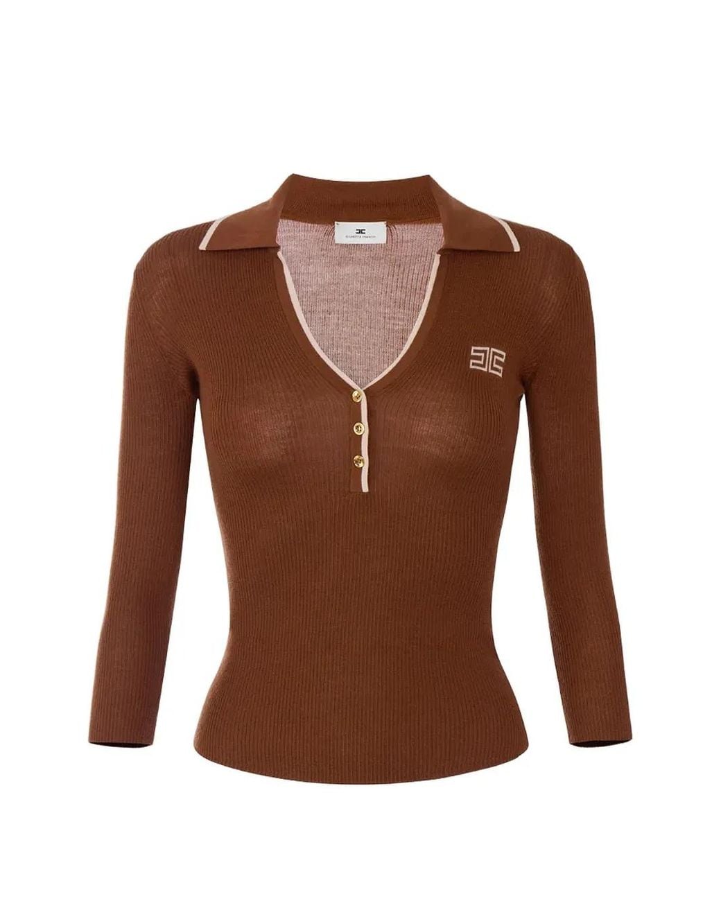 Elisabetta Franchi Brown Ribbed Knit Polo Shirt
