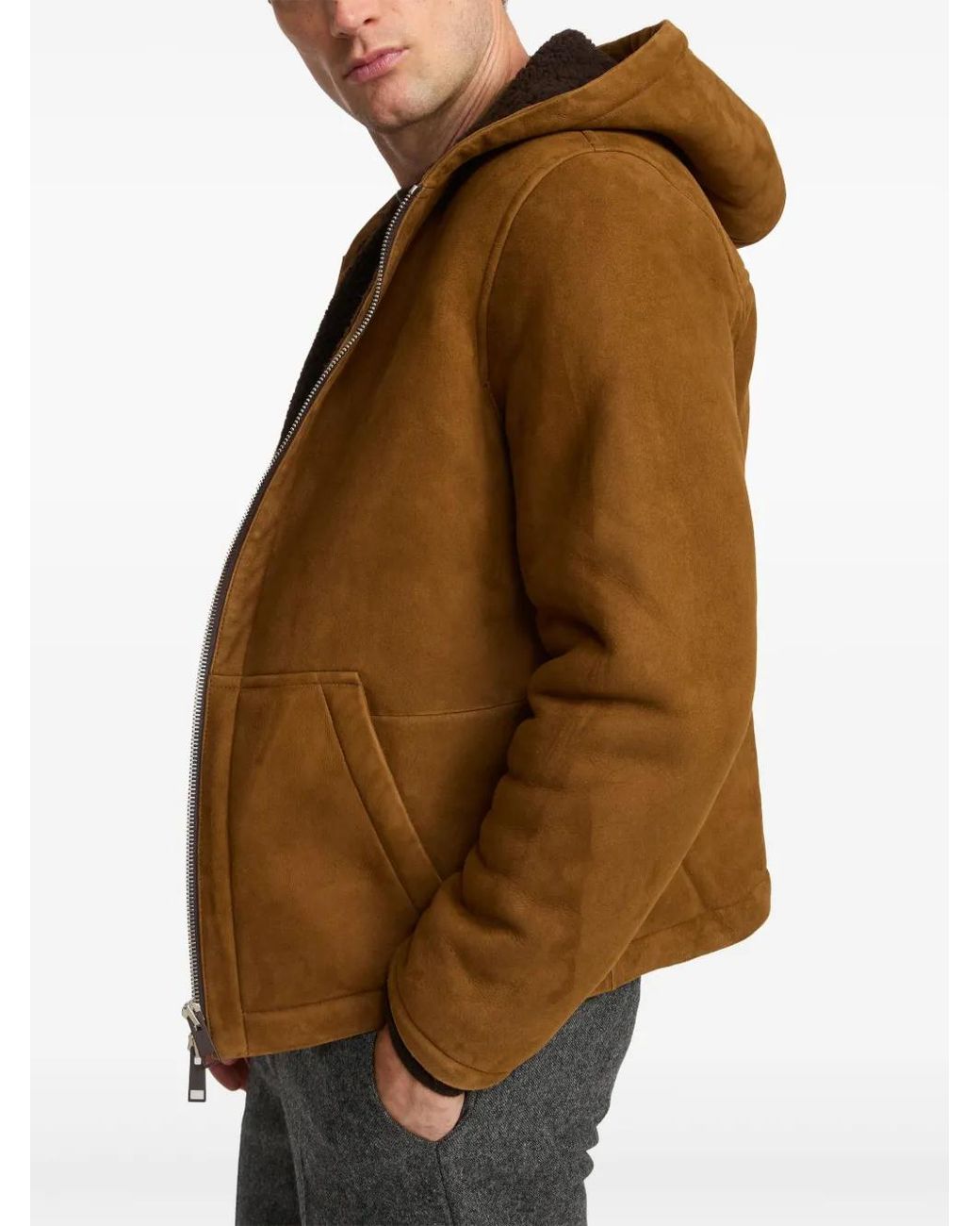 Yves Salomon Brown Hooded Suede Shearling Jacket for men