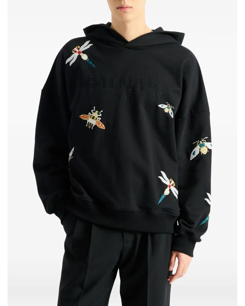Balmain Black Embroidered Insect Hoodie for men
