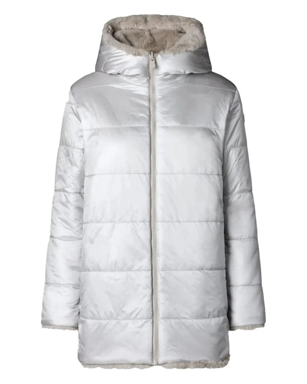 Save The Duck Gray Hooded Quilted Faux-Fur Coat