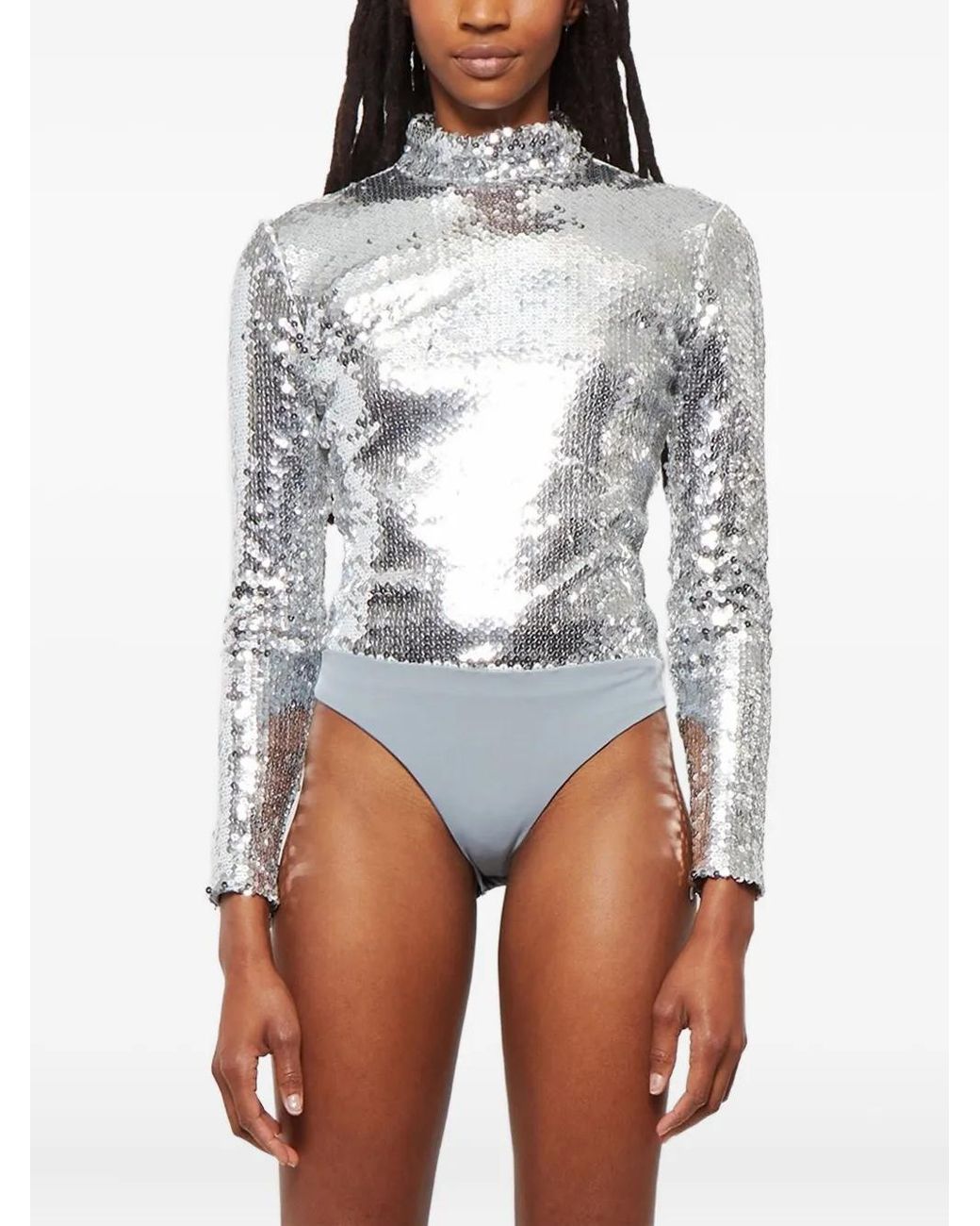 Brandon Maxwell Gray Sequinned Mock-Neck Bodysuit