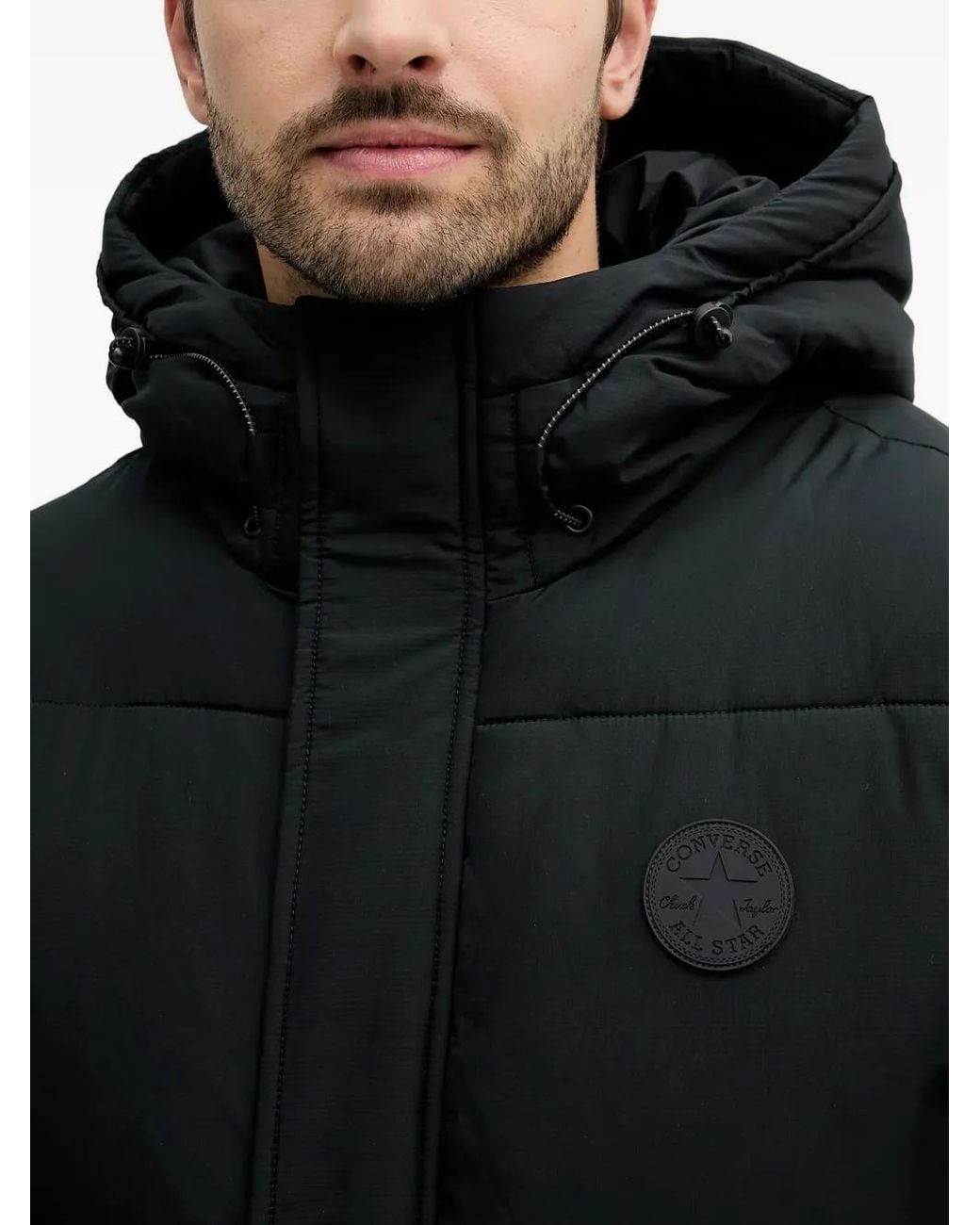 Converse Black Hooded Logo-Patch Coat for men