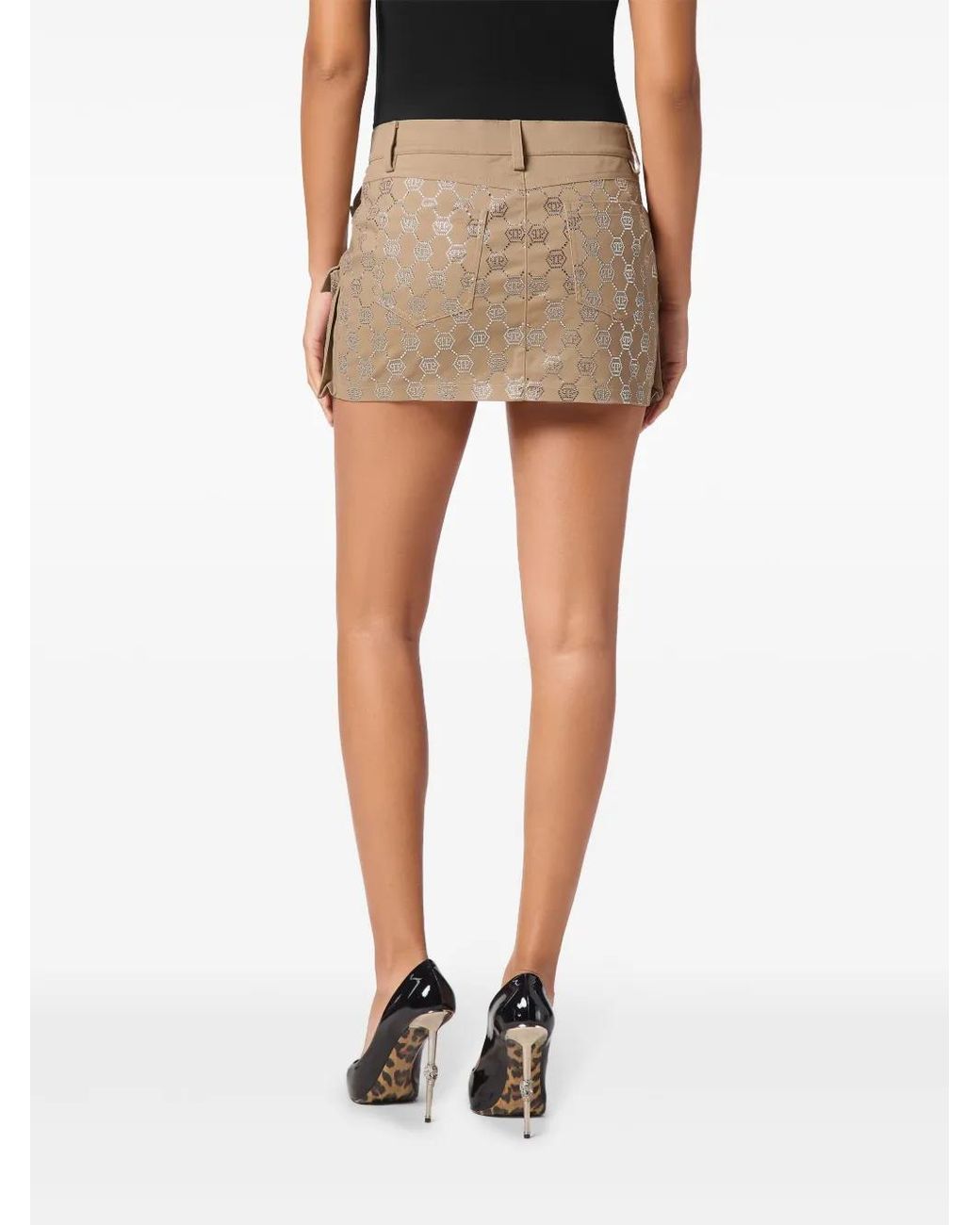 Philipp Plein Natural Cargo Mini Skirt Strass Monogram