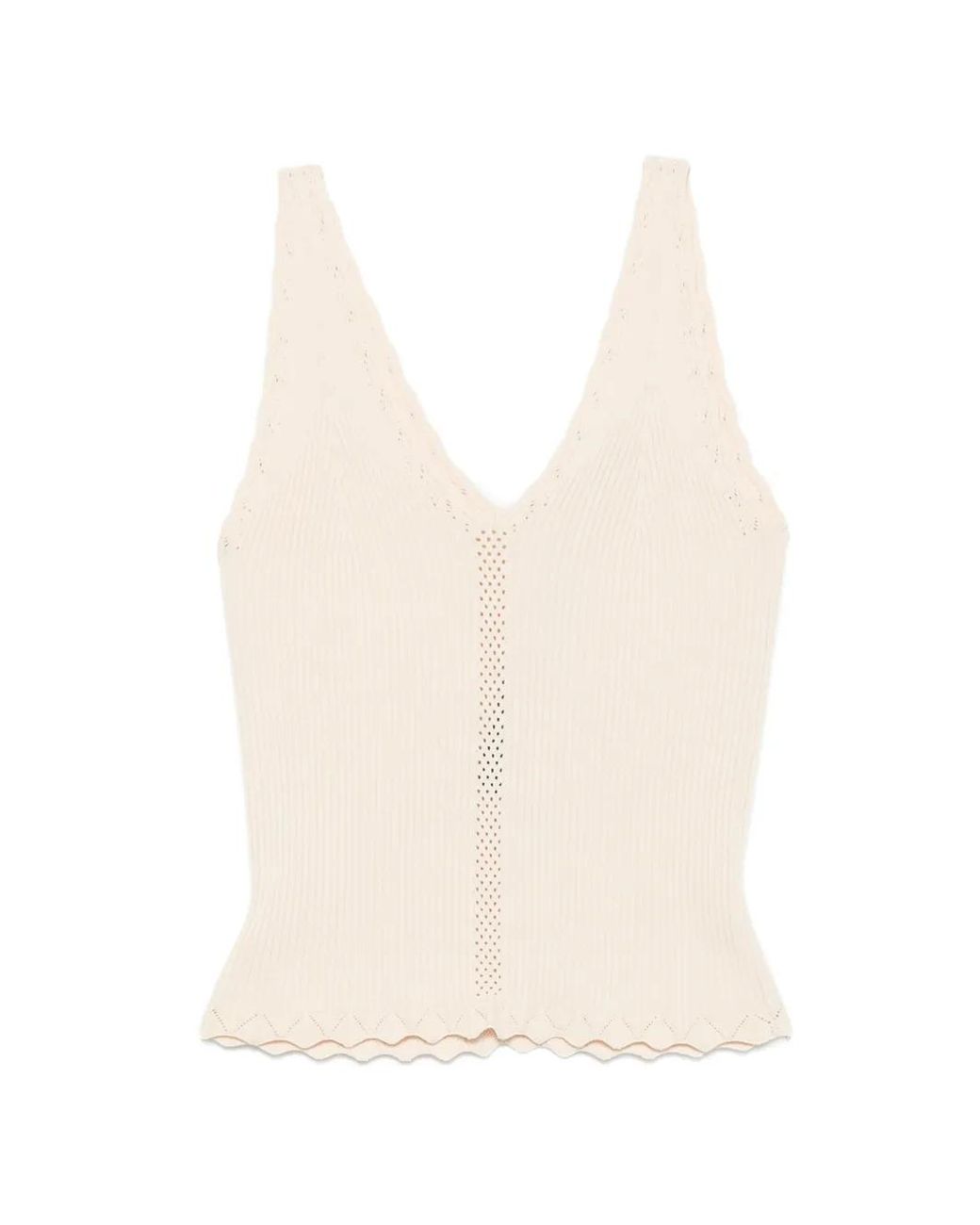 Twinset White Ribbed-Knit Pointelle-Trim Top