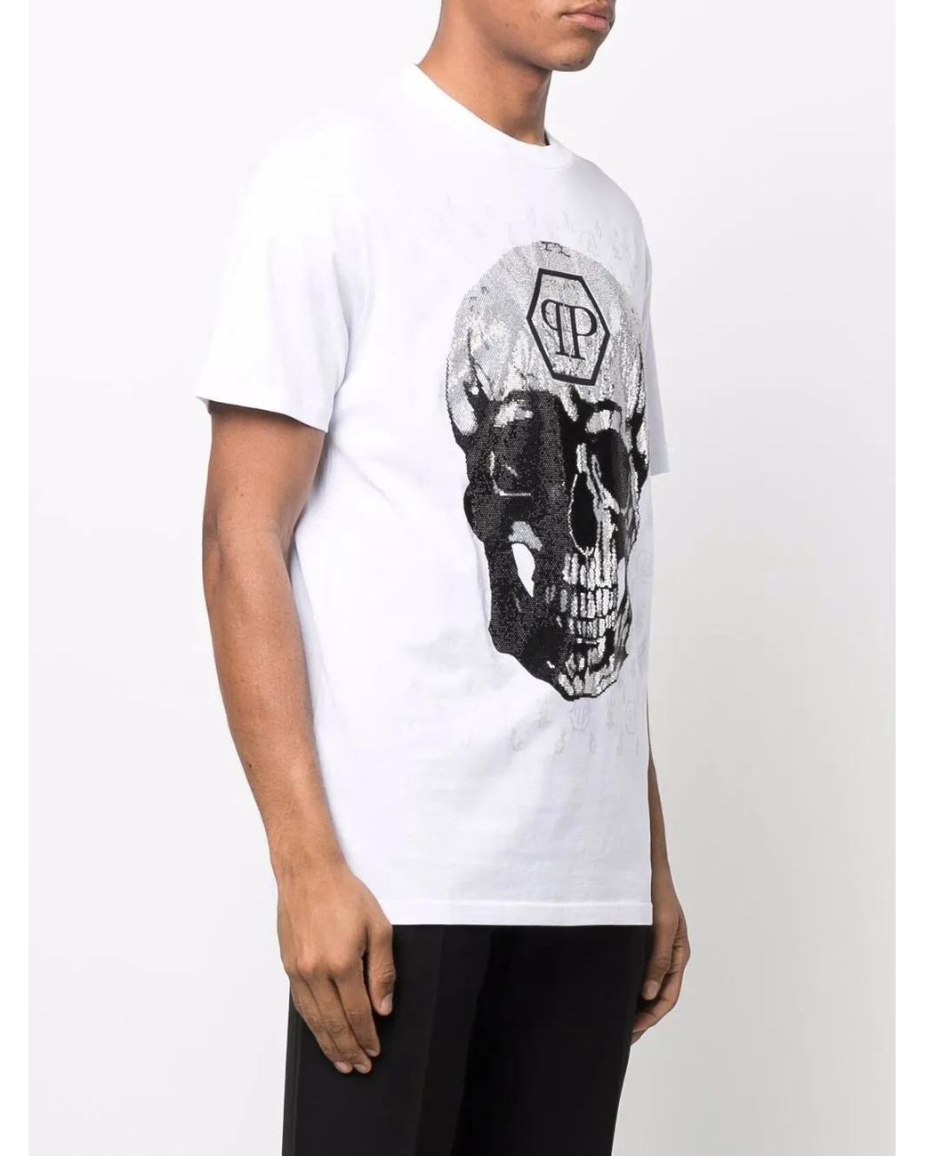 Philipp Plein White Gem-Embellished Skull Logo-Graphic T-Shirt