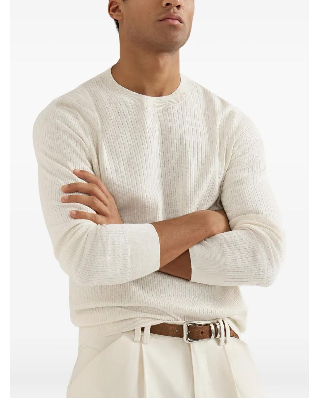 Brunello Cucinelli White Cotton Textured Rib Lightweight Sweater for men