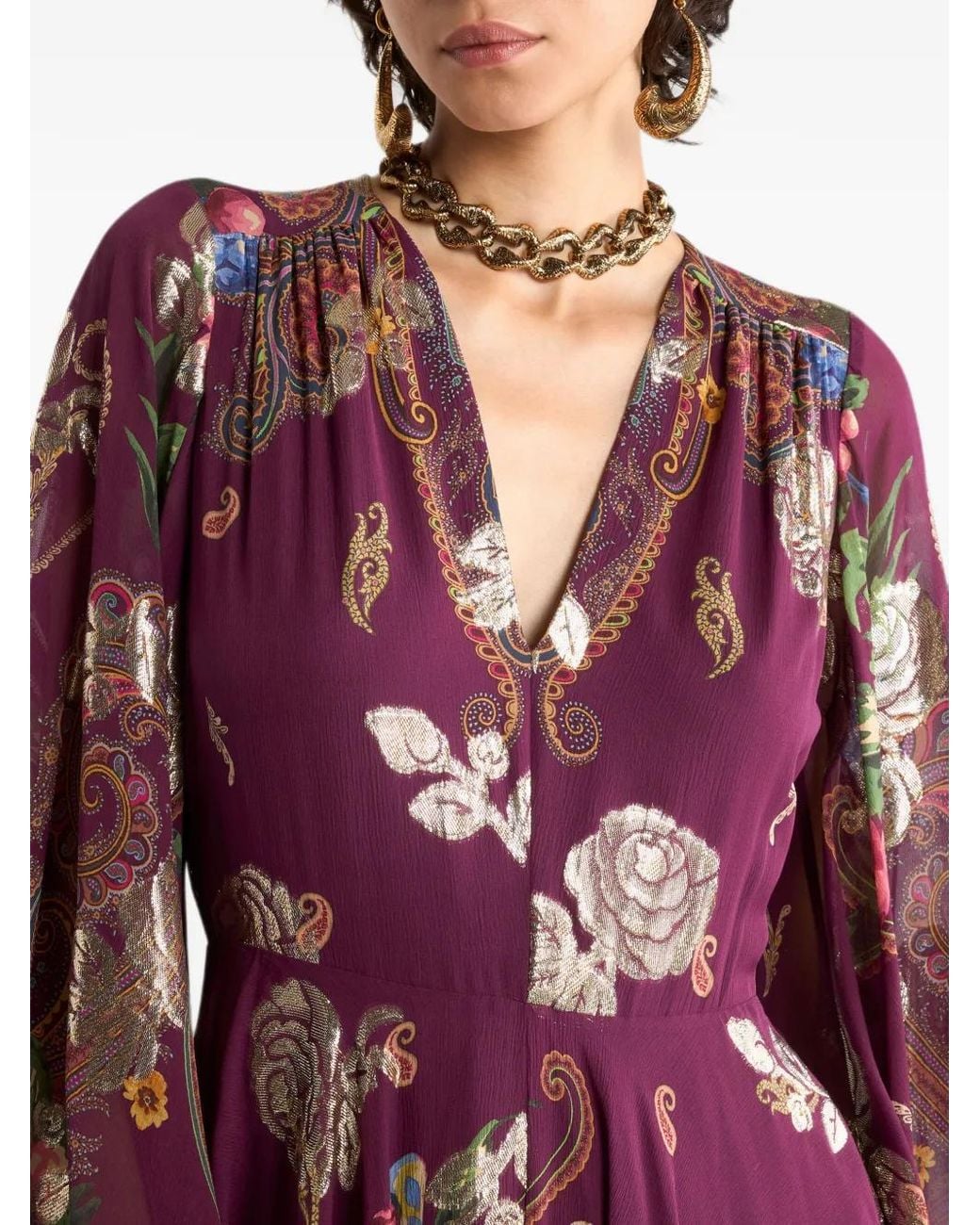 Etro Red Long Silk Dress With Placed Floral Paisley Print