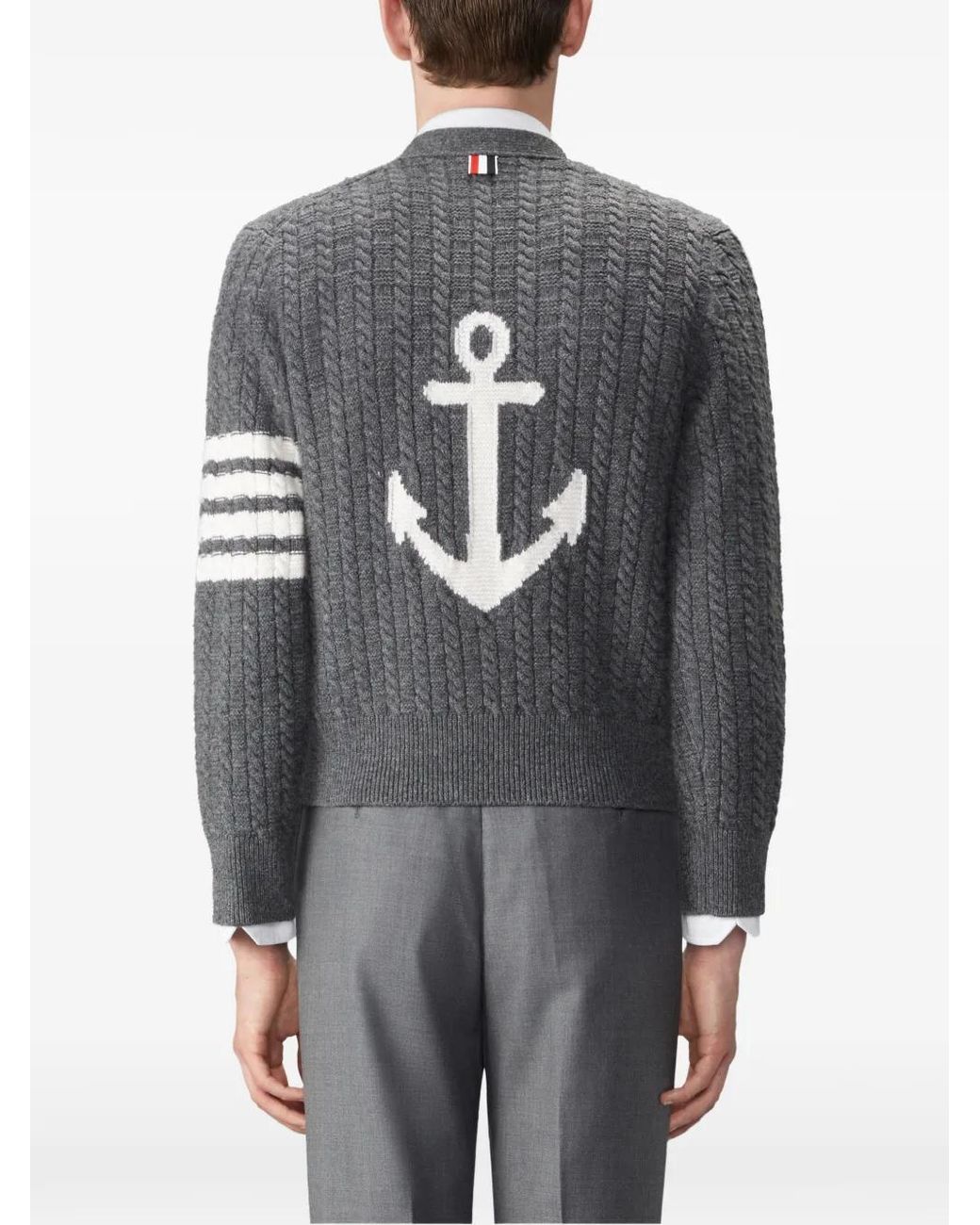 Thom Browne Gray Merino Wool 4-Bar Intarsia Anchor Cardigan for men