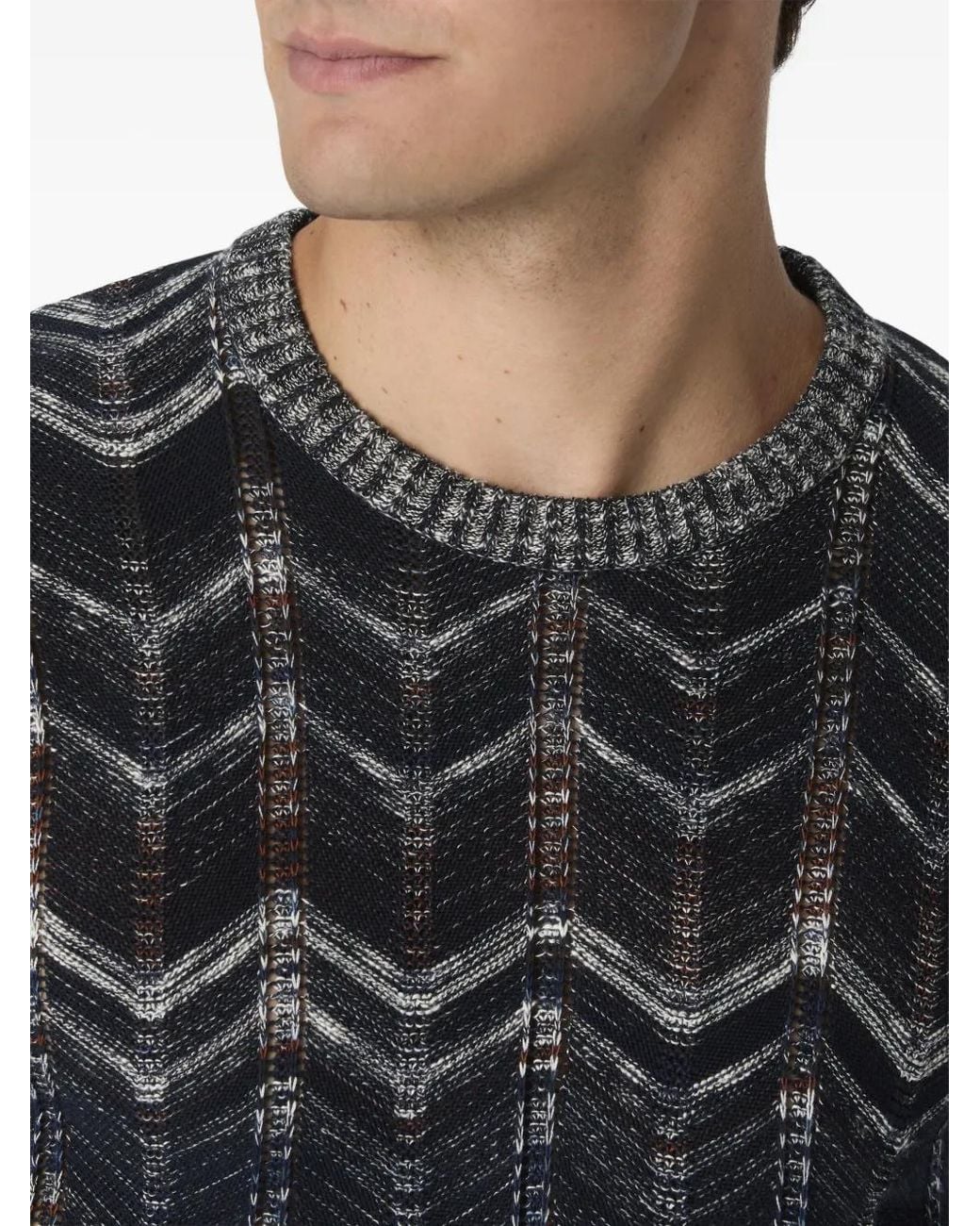 Missoni Black Crew-Neck Cotton Chevron Pullover With Ribbed Trims for men