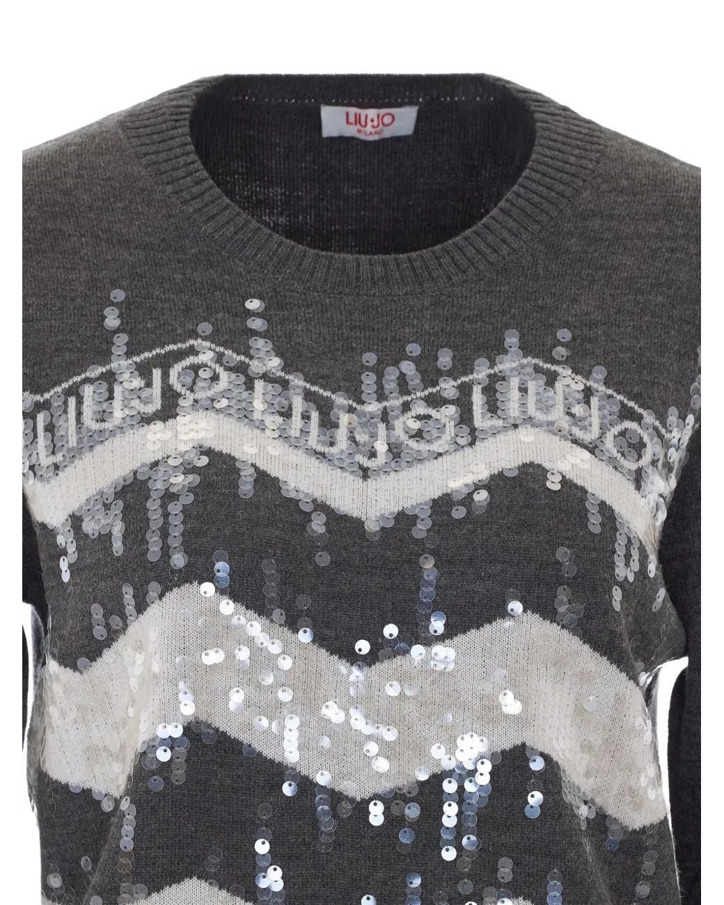 Liu Jo Gray Sequin-Embellished Chevron-Pattern Sweater