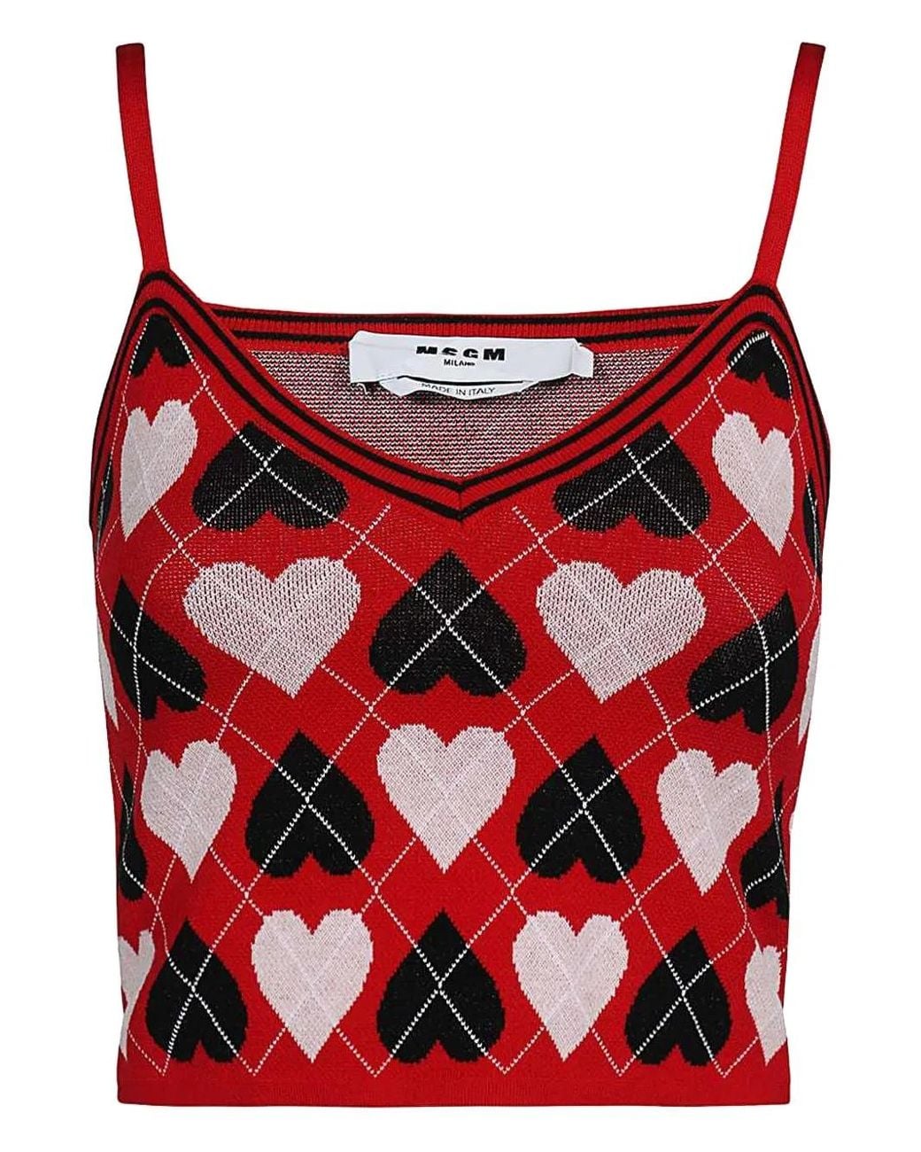 MSGM Red Heart-Pattern Knitted Top