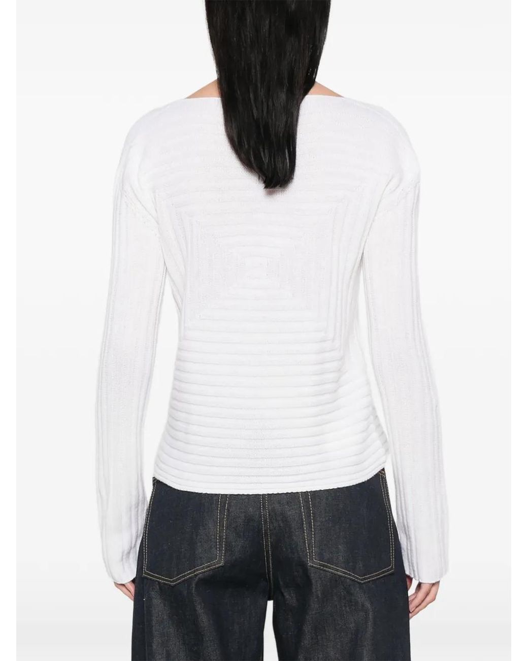 Emporio Armani White Ribbed Geometric-Knit Sweater