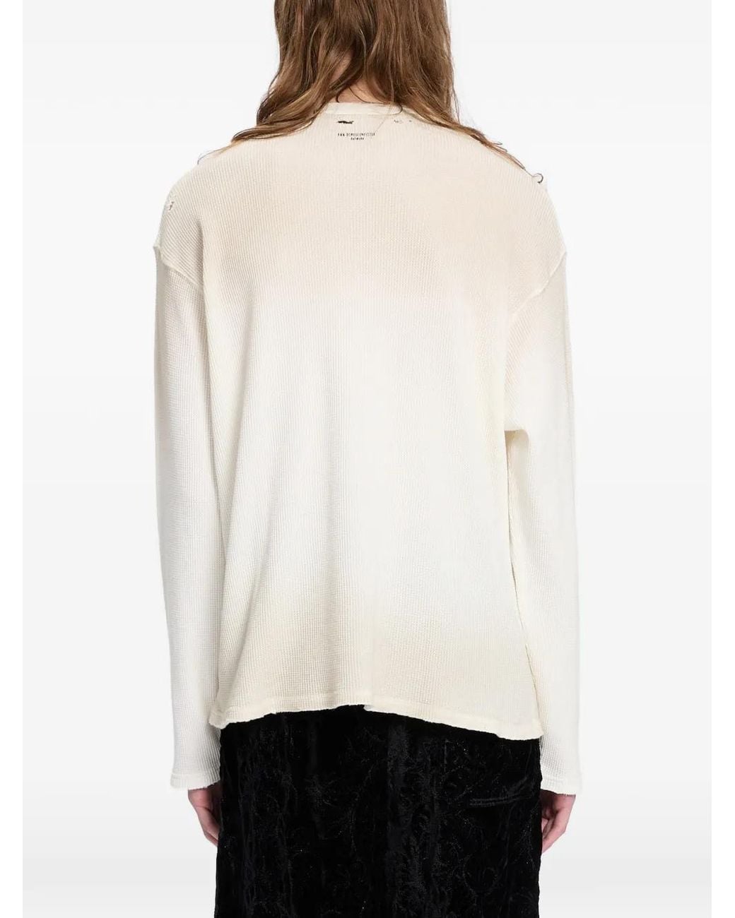 Ann Demeulemeester White Distressed Waffle-Knit Long-Sleeve T-Shirt for men