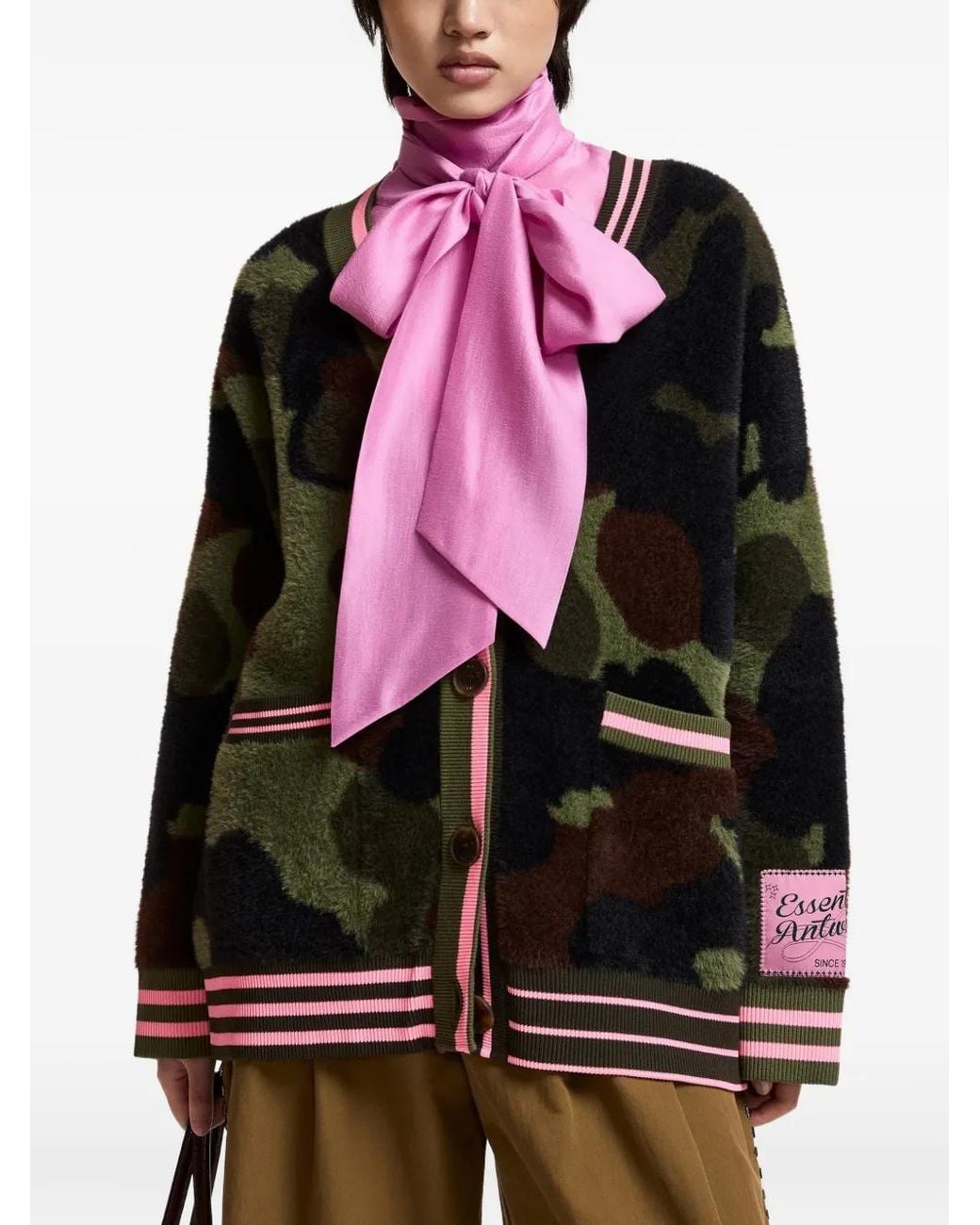 Essentiel Antwerp Black Kamoo Camouflage-Jacquard Striped-Trim Cardigan