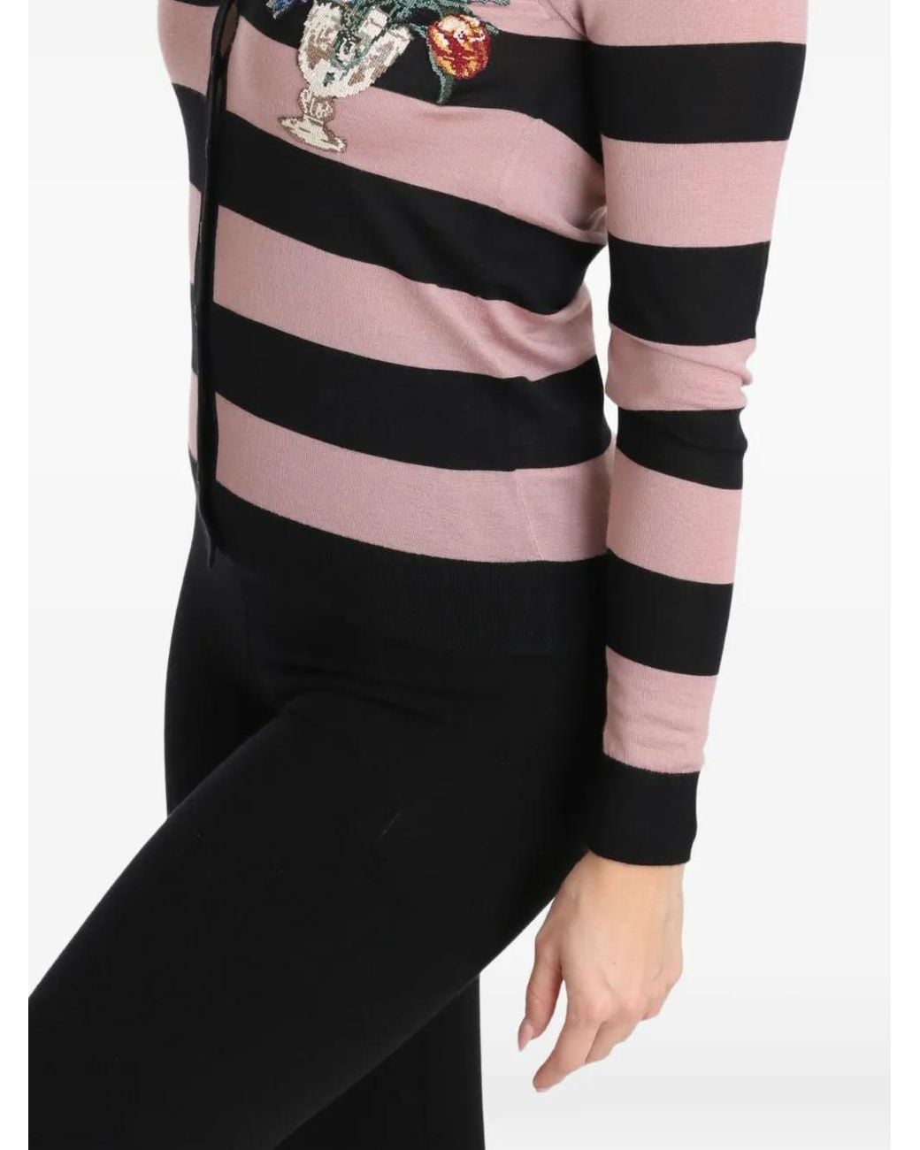 Dolce & Gabbana Black Striped Floral-Embroidered Cardigan