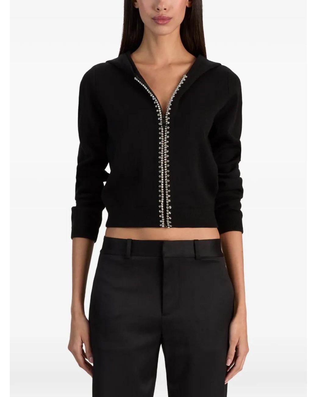 Alice + Olivia Black Dollie Crystal-Embellished Zip-Up Hoodie