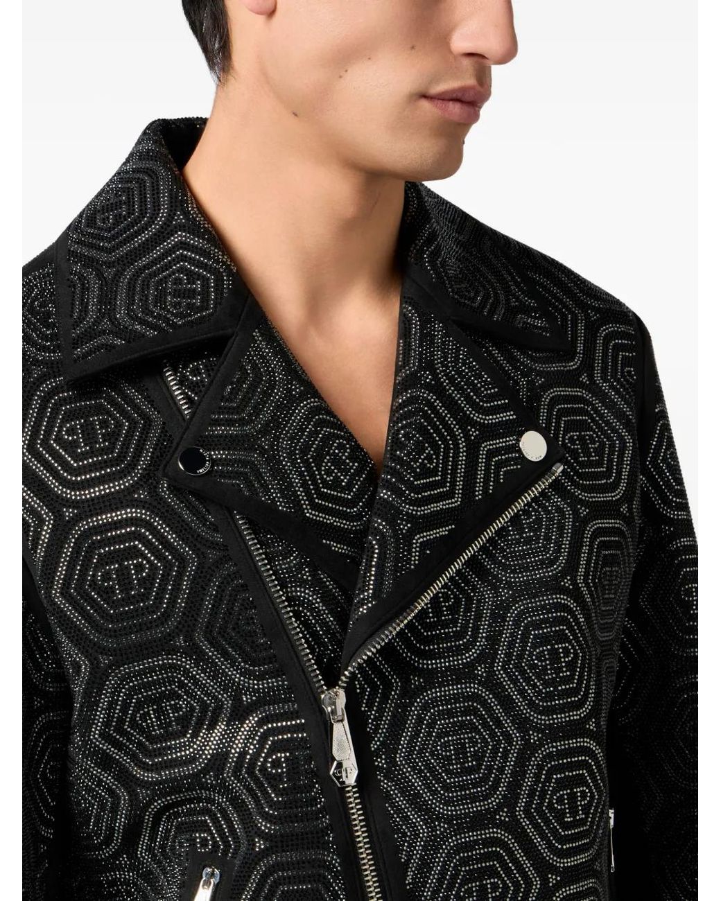 Philipp Plein Black Monogram Stone Biker Jacket for men