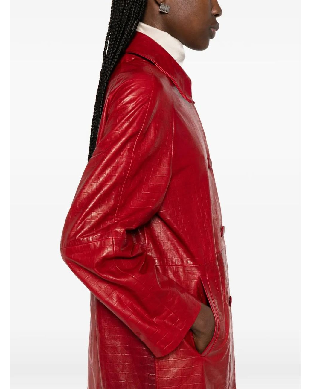 Nour Hammour Red Manteau En Cuir À Effet Peau De Crocodile