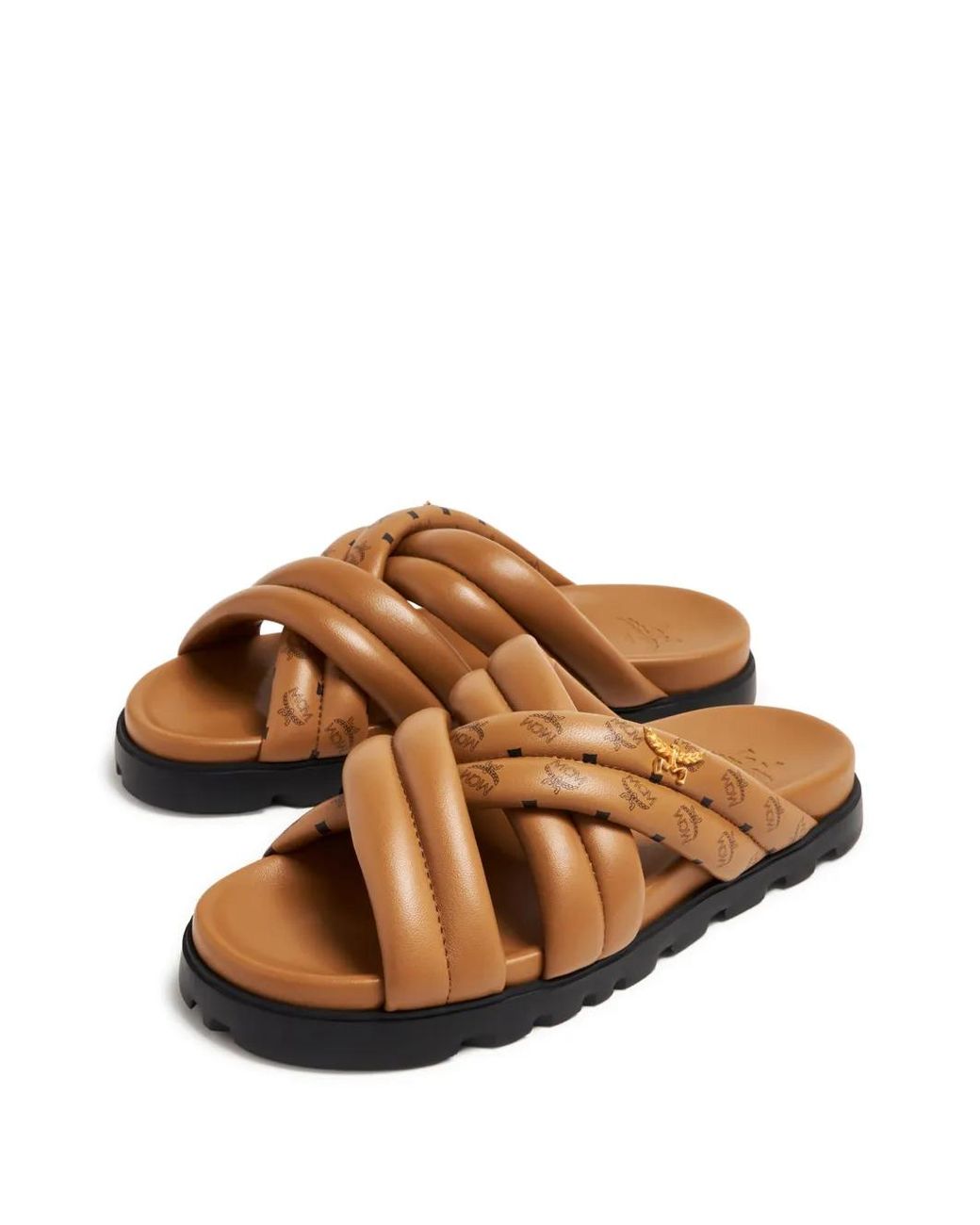 MCM Brown Visetos-Print Crossover Leather Slides