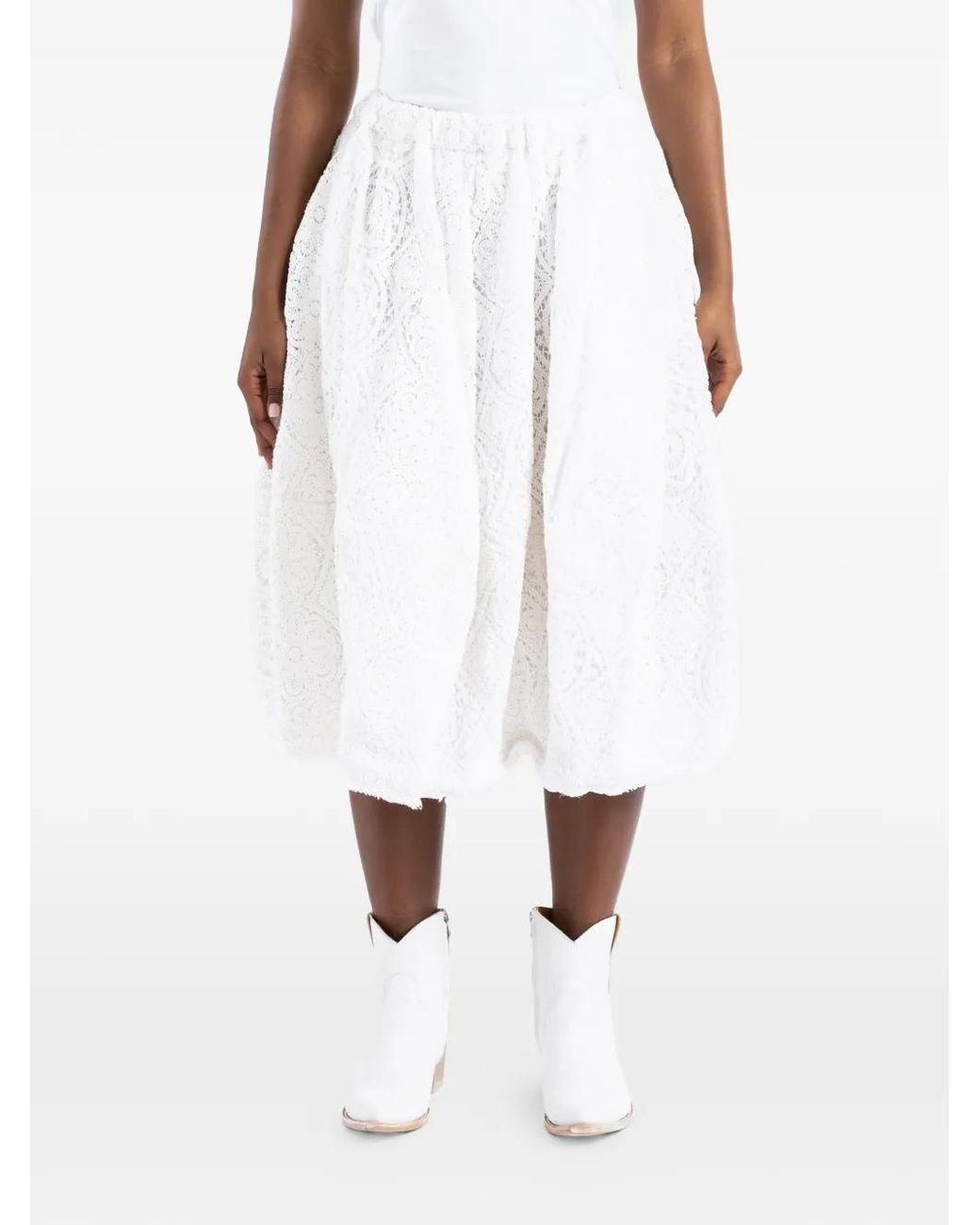 Comme des Garçons White Lace-Patterned Pleated Midi Skirt