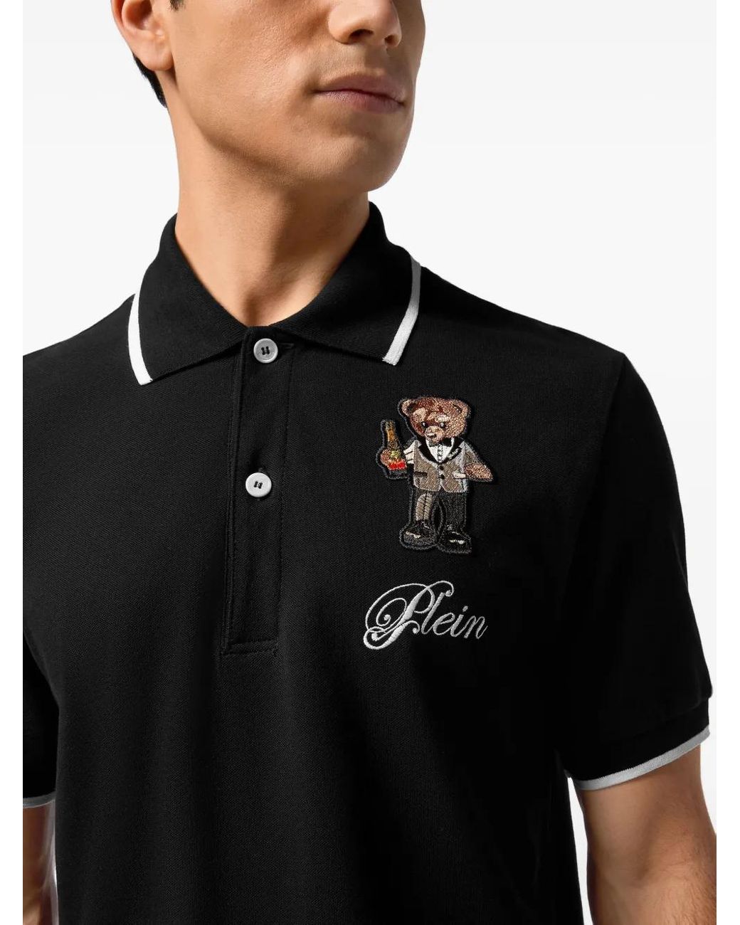 Philipp Plein Black Teddy Bear-Embroidered Polo Shirt for men