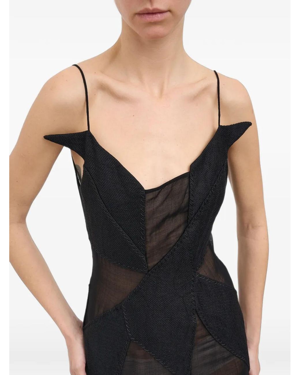 Yehuafan Black Sheer-Panelled Wool Dress