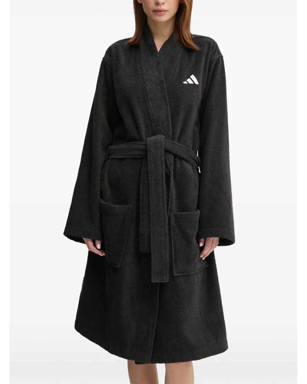 Adidas Black Logo-Embroidered Belted Bathrobe