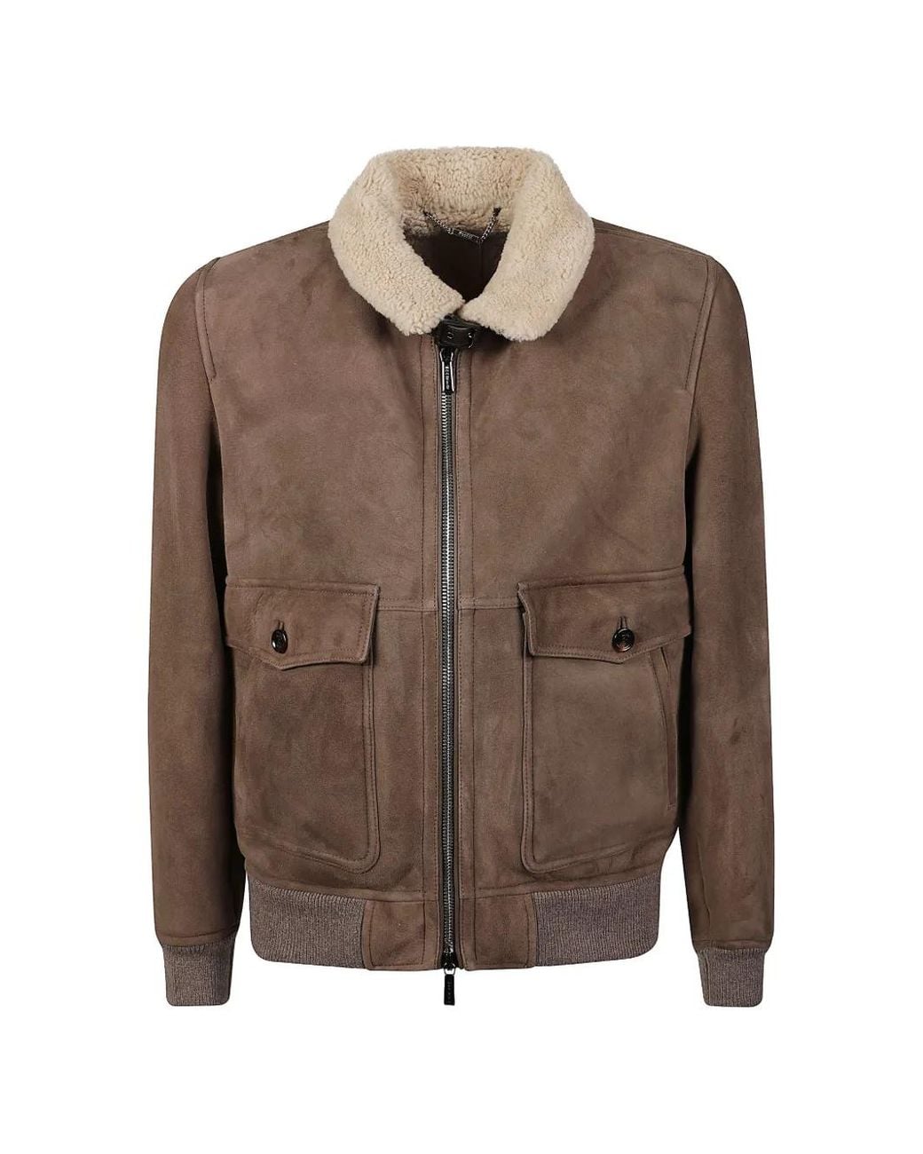 Moorer Brown Shearling-Collar Leather Jacket for men