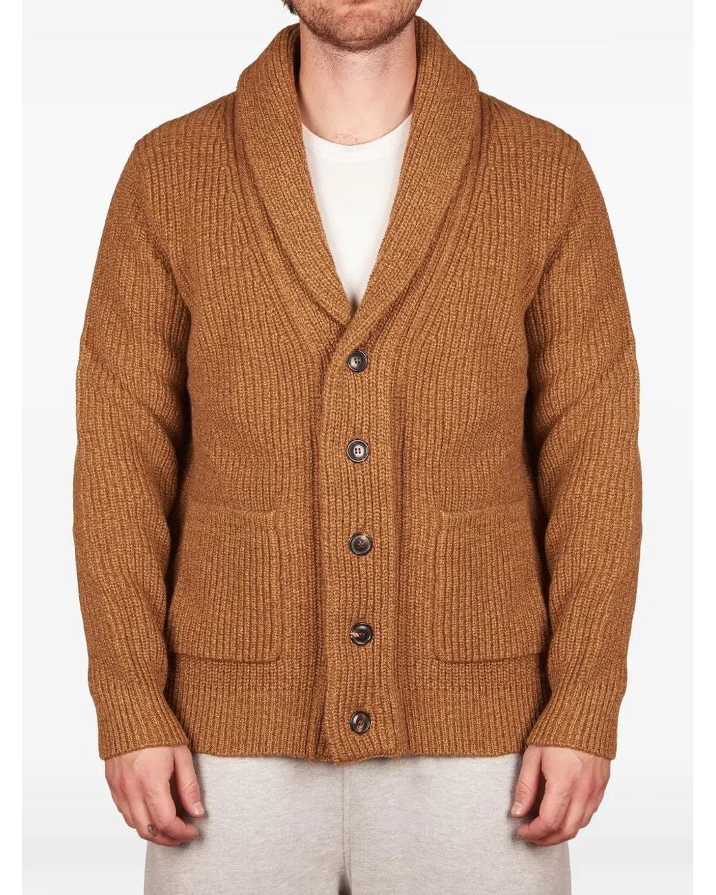 FILIPPO DE LAURENTIIS Brown Shawl-Collar Ribbed-Knit Cardigan for men