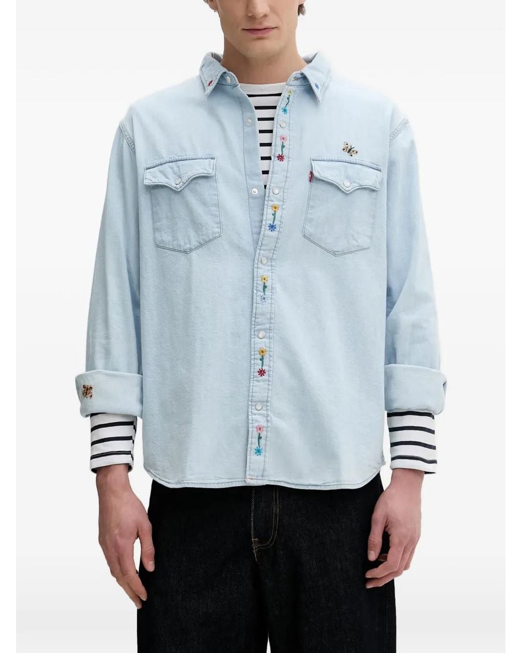 Levi's Blue Floral-Embroidered Denim Shirt for men
