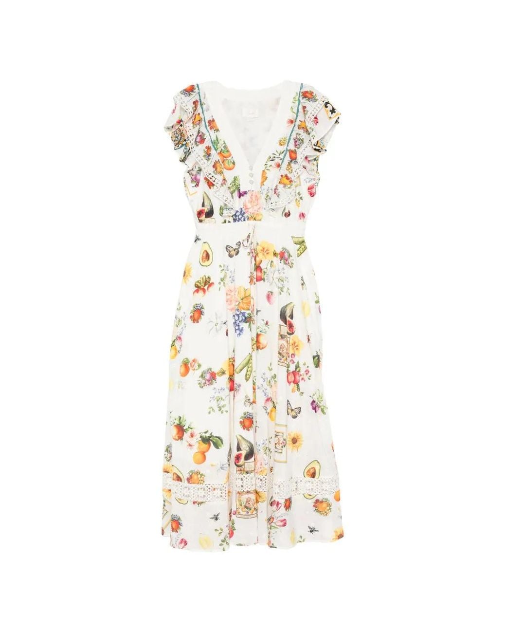 Camilla White Fruit-Print Ruffled Midi Dress