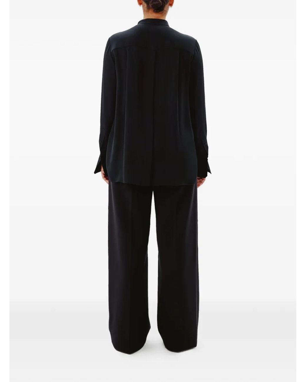 Another Tomorrow Black Tuxedo Pleated Blouse