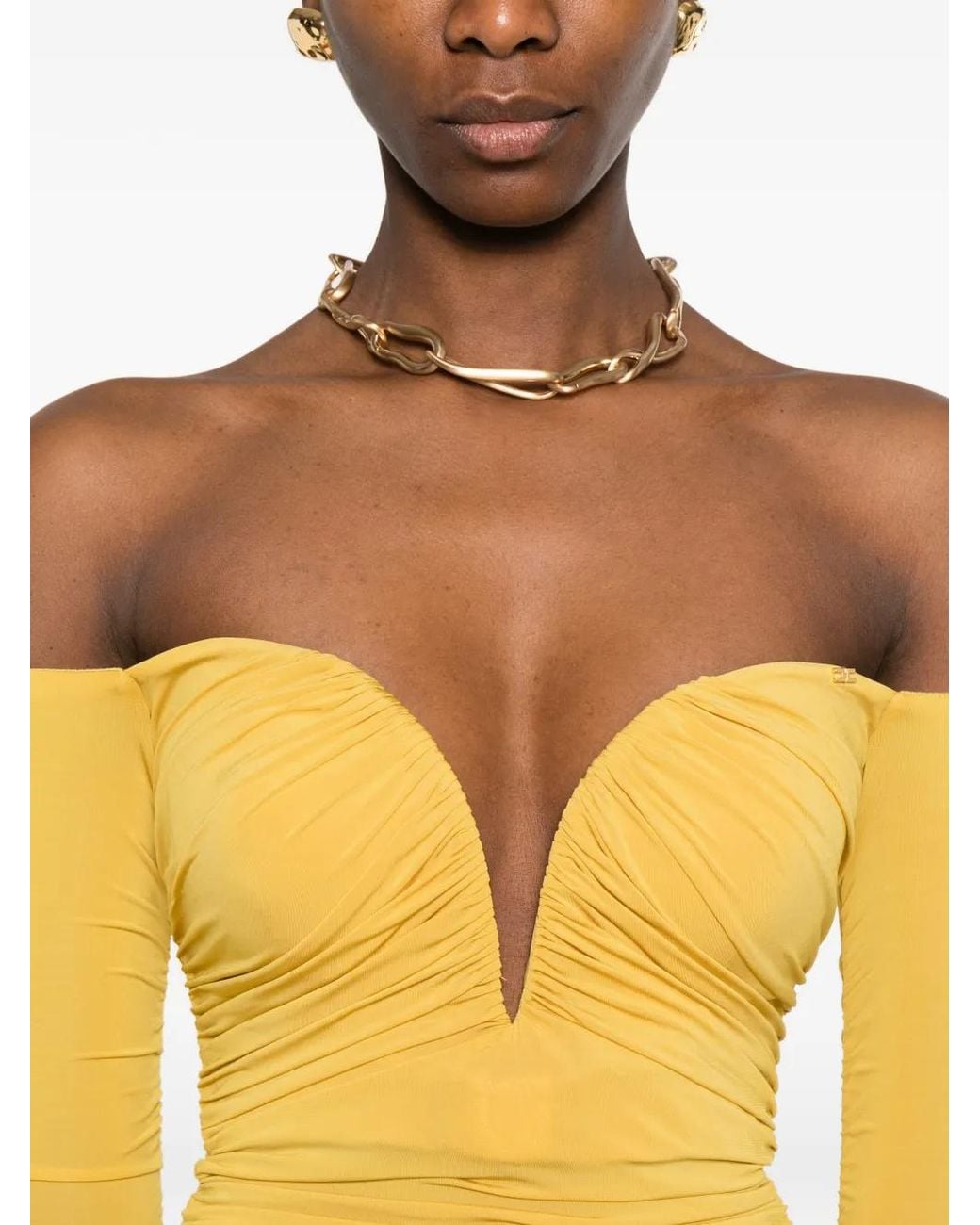 Elisabetta Franchi Yellow Lightweight Crêpe Jersey Bodysuit With Draping