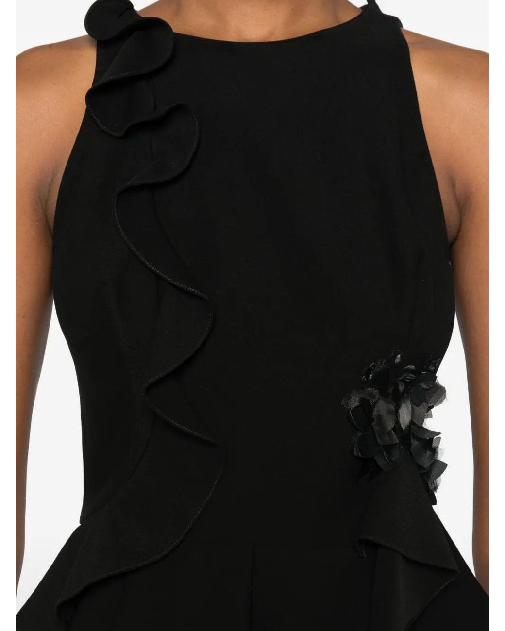 Gemy Maalouf Black Ruffled Floral-Embellished Top
