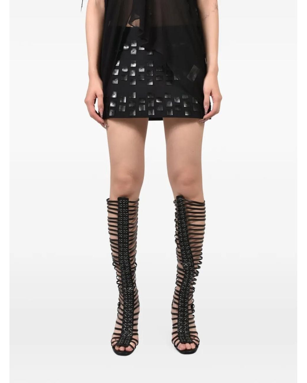 Room Service Pjs Black Leather-Appliqué Handcrafted Mini Skirt