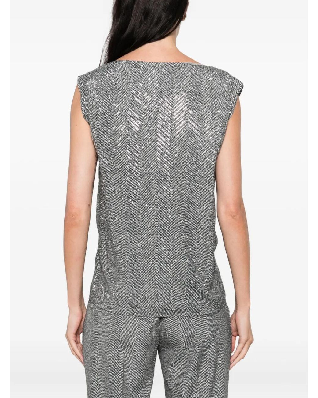 Ermanno Scervino Gray Herringbone-Pattern Sequin-Embellishment Top